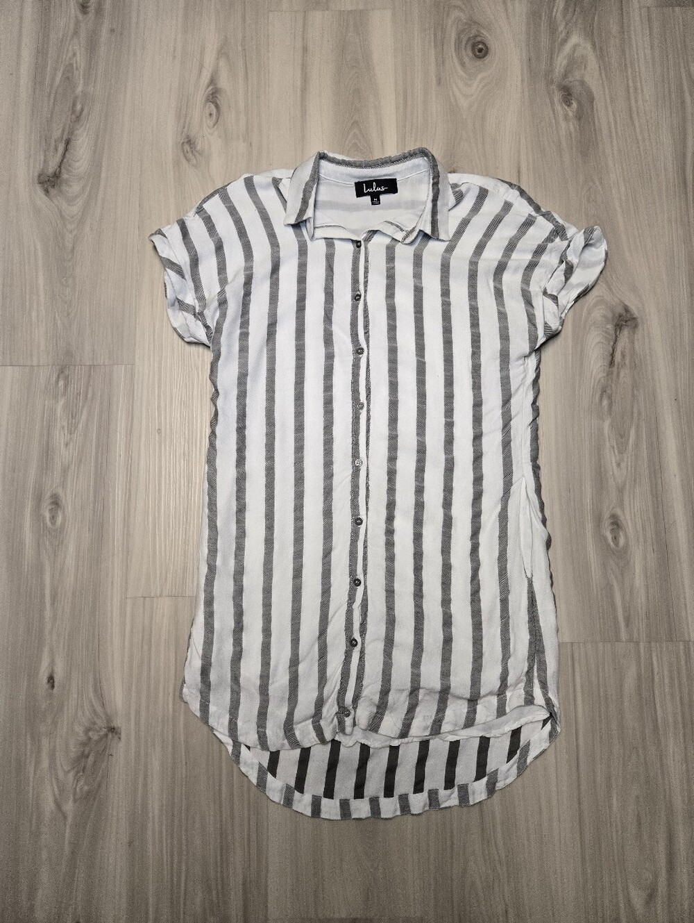 ​Lulus Skipper White Grey Striped Short Sleeve Button Up Shirt Dress Size M